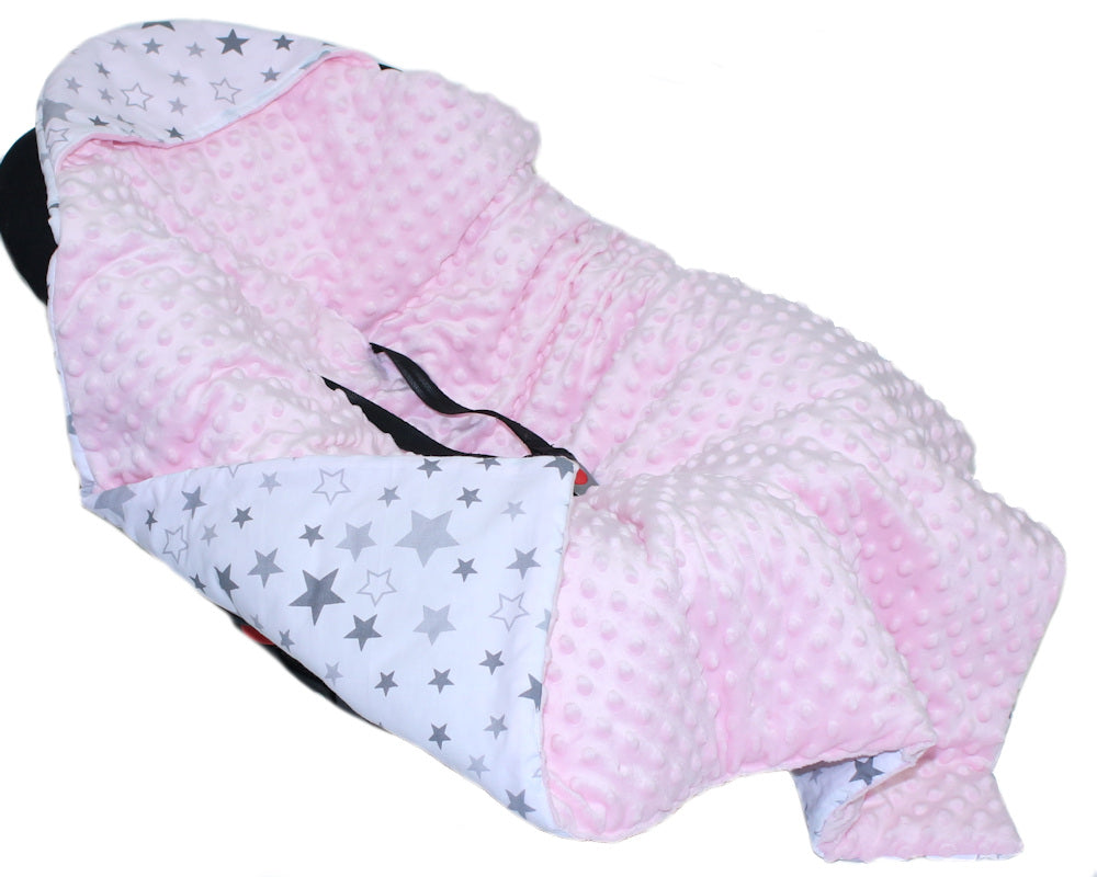 Baby Einschlagdecke MINKY - Star Hell + Rosa - mit Kapuze 85x85cm Babyschale Decke