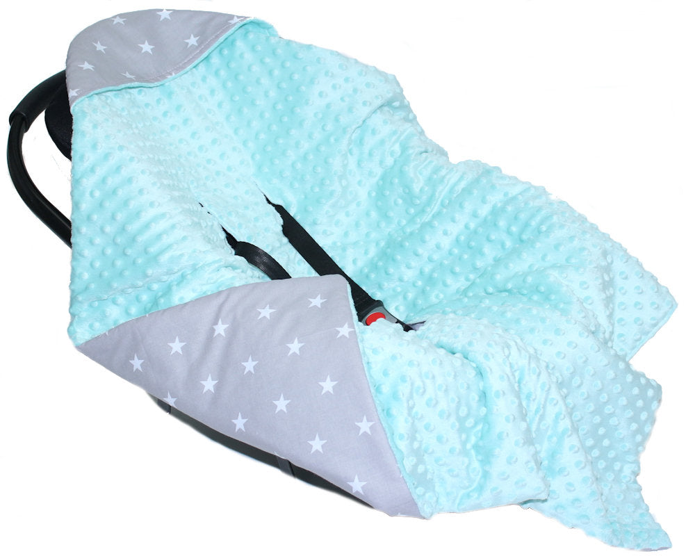 Baby Einschlagdecke MINKY - Sternchen auf Grau + Minze - mit Kapuze 85x85cm Babyschale Decke