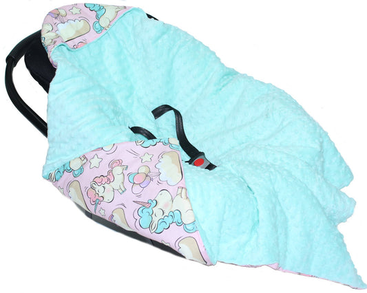 Baby Einschlagdecke MINKY - Einhorn + Minze - mit Kapuze 85x85cm Babyschale Decke