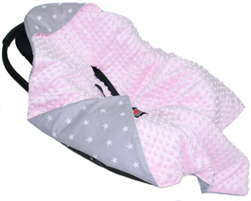 Baby Einschlagdecke MINKY - Sternchen auf Grau + Rosa - mit Kapuze 85x85cm Babyschale Decke