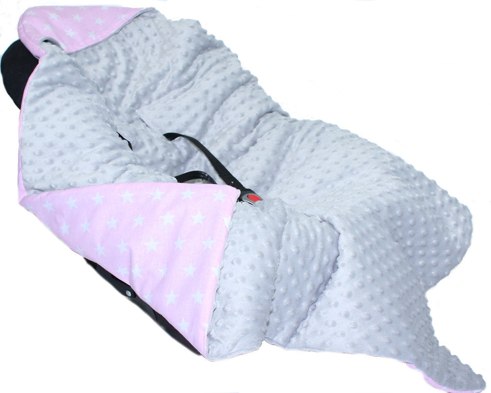 Baby Einschlagdecke MINKY - Sternchen auf Rosa + Grau - mit Kapuze 85x85cm Babyschale Decke
