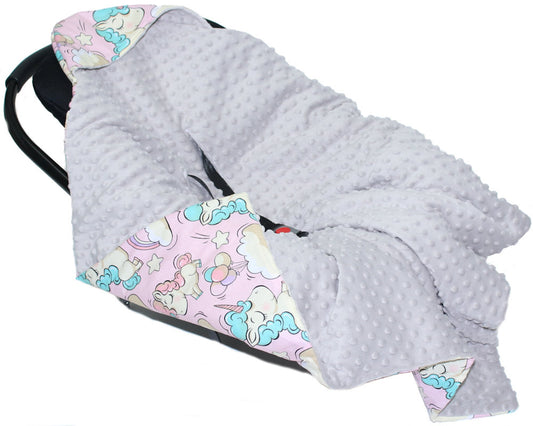 Baby Einschlagdecke MINKY - Einhorn + Grau - mit Kapuze 85x85cm Babyschale Decke