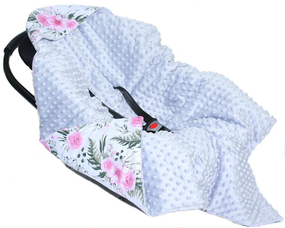 Baby Einschlagdecke MINKY - Flowers + Grau - mit Kapuze 85x85cm Babyschale Decke