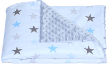 Lade das Bild in den Galerie-Viewer, Baby Einschlagdecke MINKY - Star Blau + Grau- mit Kapuze 85x85cm Babyschale Decke
