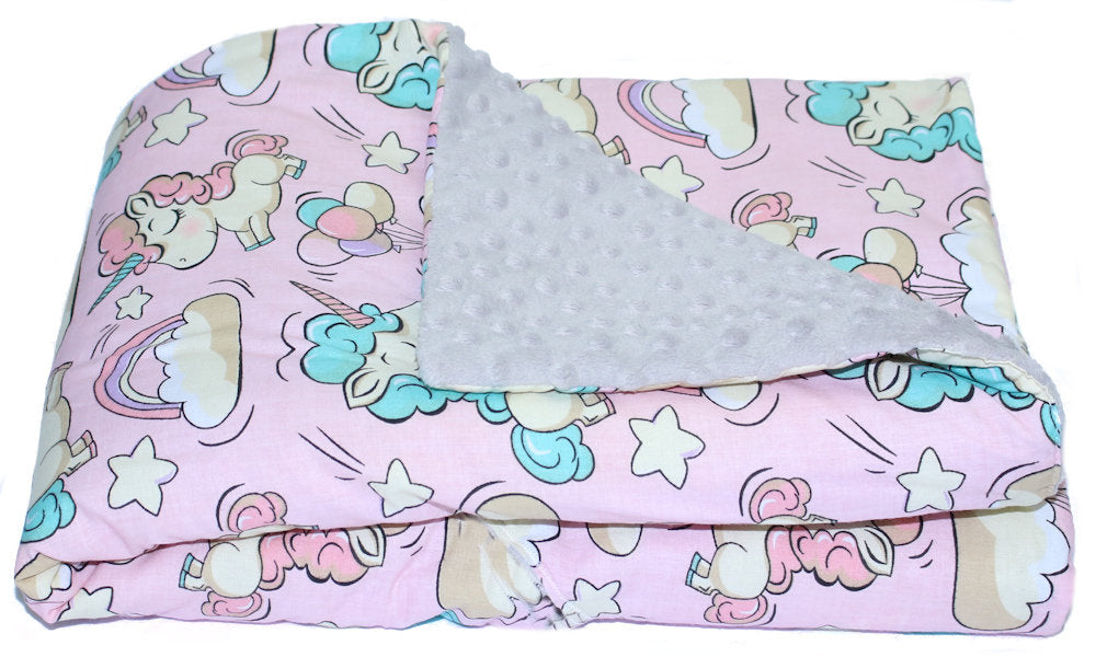 Baby Einschlagdecke MINKY - Einhorn + Grau - mit Kapuze 85x85cm Babyschale Decke