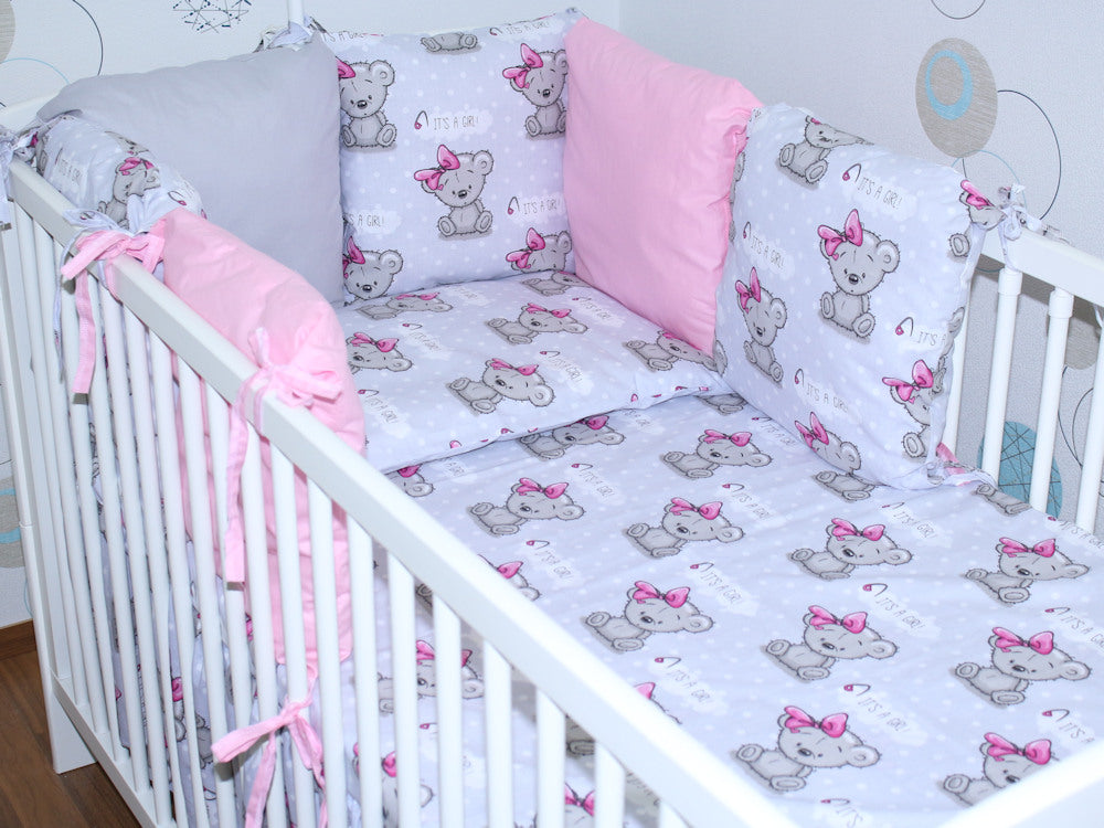 Baby Bettset mit Kissen Nestchen -Girl - 5-8 teilig mit Chiffon Himmel