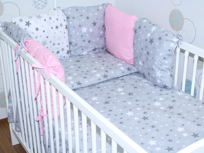 Baby Bettset mit Kissen Nestchen -Star Dunkel mit ROSA - 5-8 teilig mit Chiffon Himmel