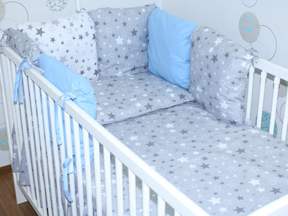 Baby Bettset mit Kissen Nestchen -Star Dunkel + Blau - 5-8 teilig mit Chiffon Himmel