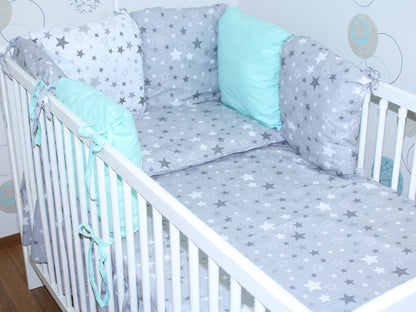 Baby Bettset mit Kissen Nestchen -Star Dunkel + Minze - 5-8 teilig mit Chiffon Himmel