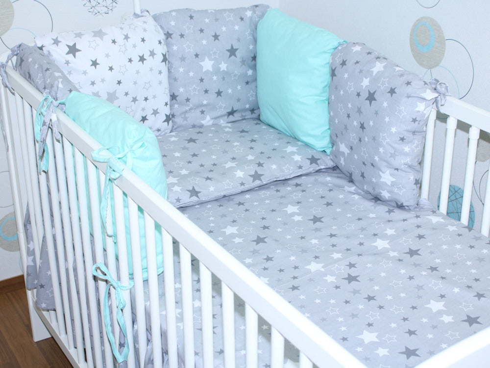Baby Bettset mit Kissen Nestchen -Star Dunkel + Minze - 5-8 teilig mit Vollstoff Himmel