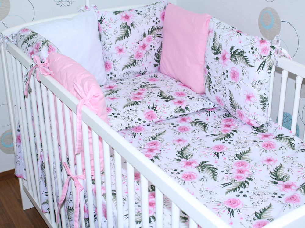 Baby Bettset mit Kissen Nestchen -Flowers - 5-8 teilig mit Vollstoff Himmel