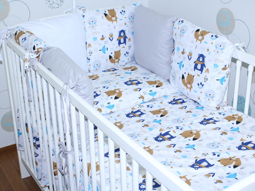 Baby Bettset mit Kissen Nestchen -Waldtiere - 5-8 teilig mit Chiffon Himmel