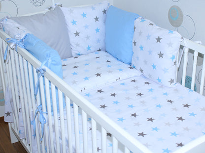 Baby Bettset mit Kissen Nestchen -Star in Blau - 5-8 teilig mit Vollstoff Himmel