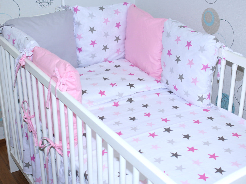 Baby Bettset mit Kissen Nestchen -Star in Rosa - 5-8 teilig mit Chiffon Himmel