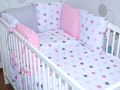 Baby Bettset mit Kissen Nestchen -Star in Rosa - 5-8 teilig mit Vollstoff Himmel