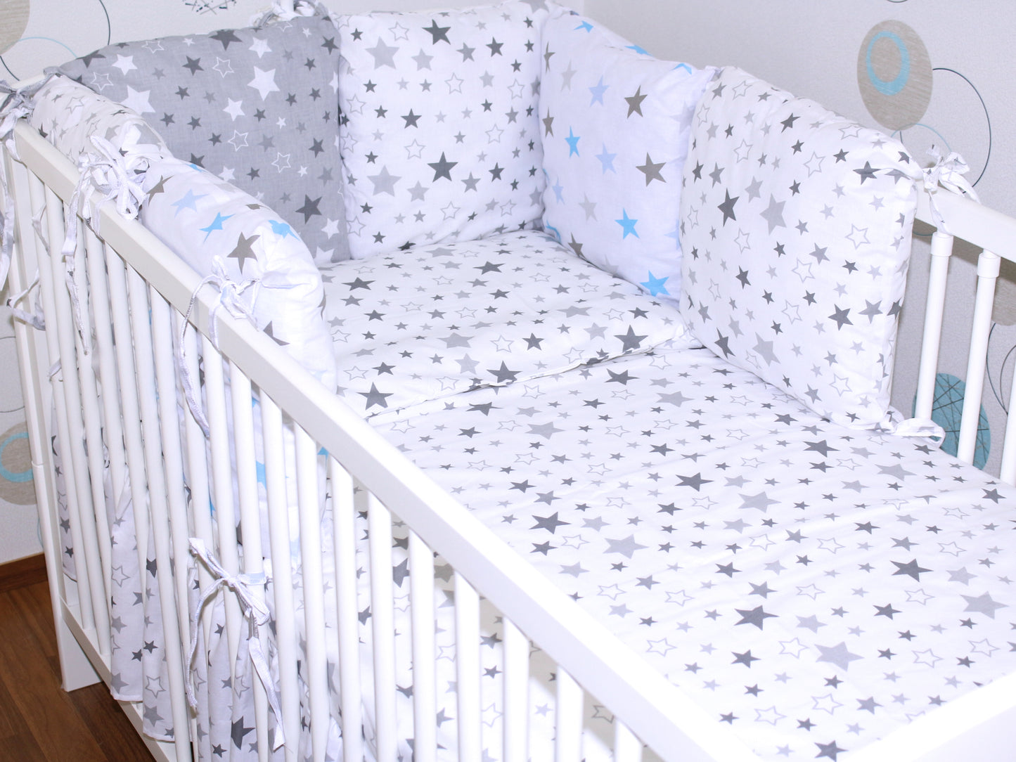 Baby Bettset mit Kissen Nestchen -Star Hell + Star Blau - 5-8 teilig mit Vollstoff Himmel