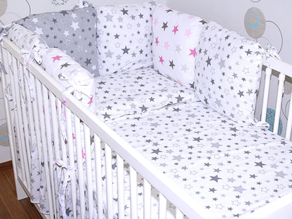 Baby Bettset mit Kissen Nestchen -Star Hell + Star Rosa - 5-8 teilig mit Chiffon Himmel