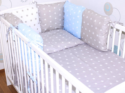 Baby Bettset mit Kissen Nestchen -Sternchen auf Grau + Sternchen auf Blau - 5-8 teilig mit Vollstoff Himmel