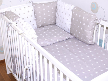 Bettset mit Kissen Nestchen -Sternchen auf Grau + Sternchen auf Weiß - 5-8 teilig mit Chiffon Himmel
