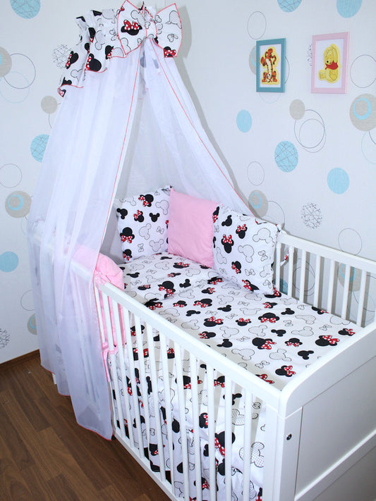 Baby Bettset mit Kissen Nestchen -Minnie - 5-8 teilig mit Chiffon Himmel