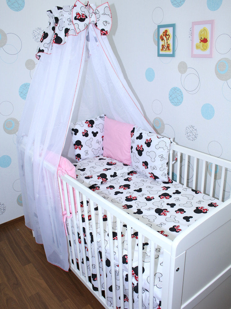 Baby Bettset mit Kissen Nestchen -Minnie - 5-11 teilig mit Chiffon Himmel