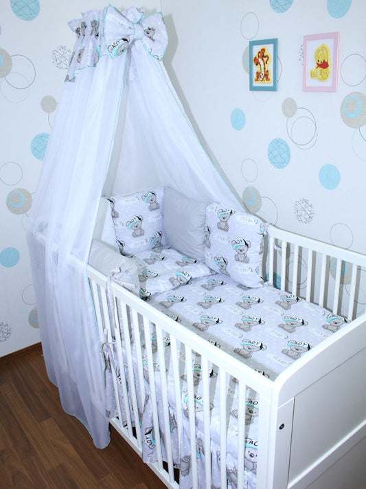 Baby Bettset mit Kissen Nestchen -Boy - 5-8 teilig mit Chiffon Himmel