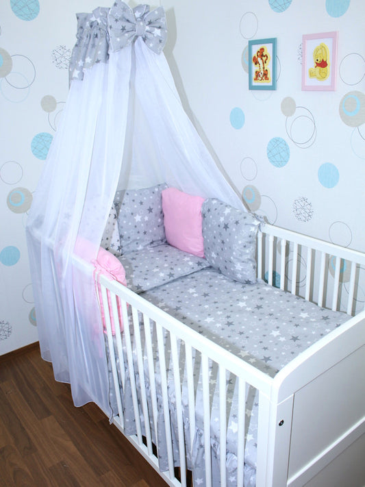 Baby Bettset mit Kissen Nestchen -Star Dunkel mit ROSA - 5-8 teilig mit Chiffon Himmel