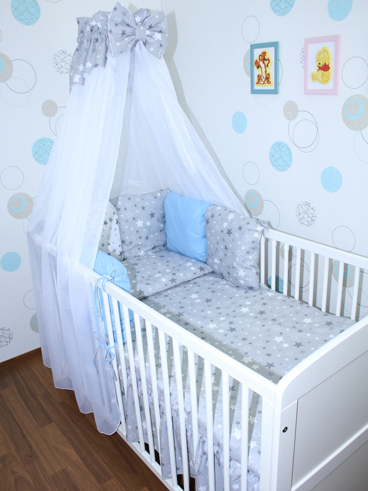 Baby Bettset mit Kissen Nestchen -Star Dunkel + Blau - 5-8 teilig mit Chiffon Himmel
