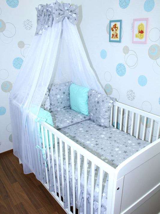 Baby Bettset mit Kissen Nestchen -Star Dunkel + Minze - 5-8 teilig mit Chiffon Himmel
