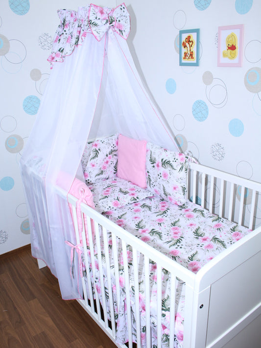 Baby Bettset mit Kissen Nestchen -Flowers - 5-8 teilig mit Chiffon Himmel