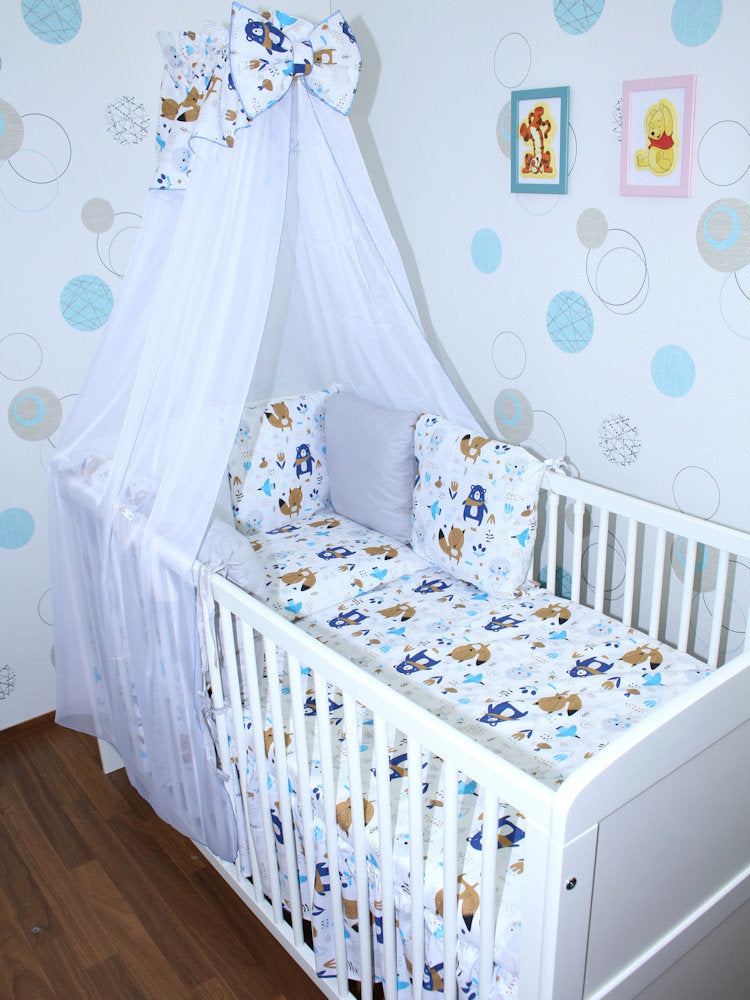 Baby Bettset mit Kissen Nestchen -Waldtiere - 5-8 teilig mit Chiffon Himmel