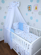 Lade das Bild in den Galerie-Viewer, Baby Bettset mit Kissen Nestchen -Star in Blau - 5-11 teilig mit Chiffon Himmel
