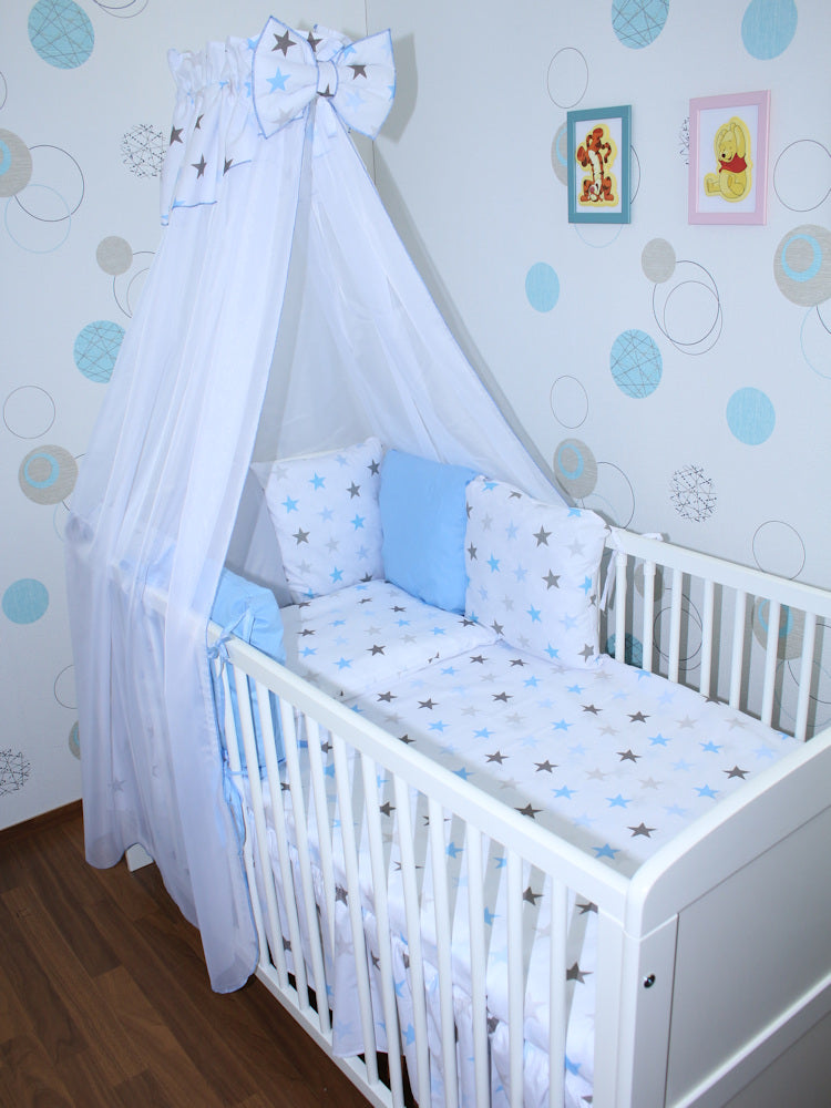 Baby Bettset mit Kissen Nestchen -Star in Blau - 5-11 teilig mit Chiffon Himmel