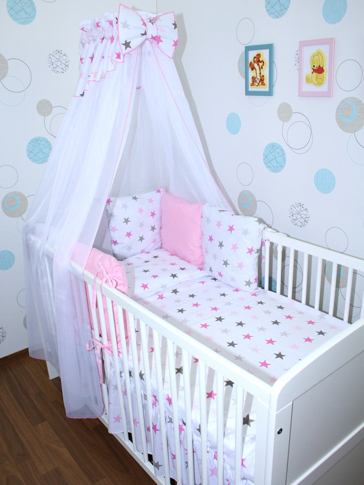 Baby Bettset mit Kissen Nestchen -Star in Rosa - 5-8 teilig mit Chiffon Himmel