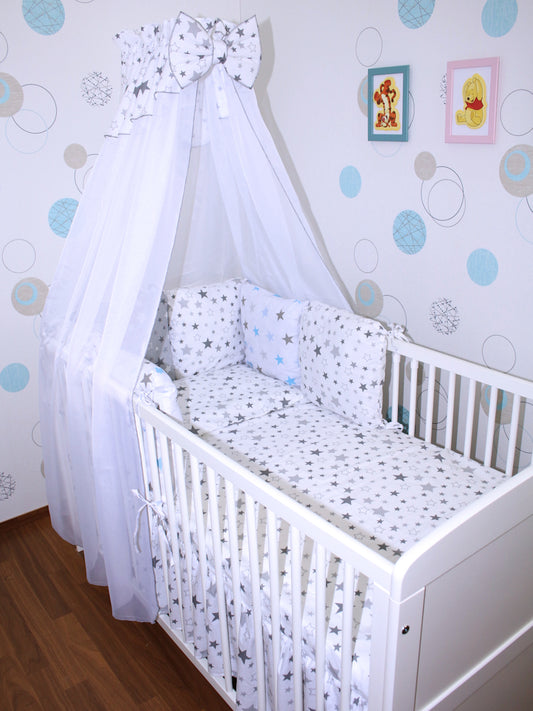 Baby Bettset mit Kissen Nestchen -Star Hell + Star Blau - 5-8 teilig mit Chiffon Himmel