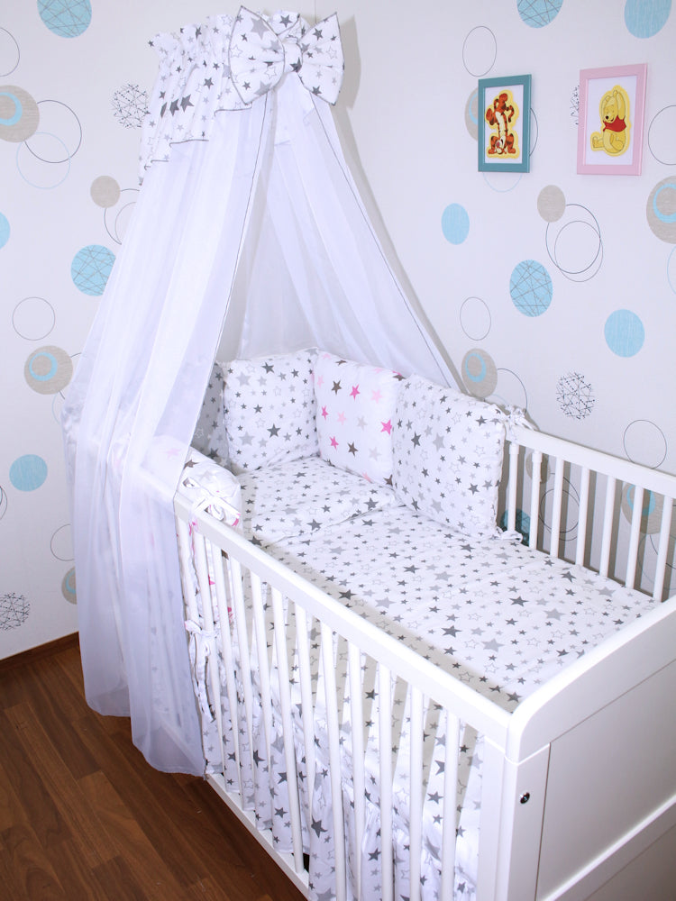 Baby Bettset mit Kissen Nestchen -Star Hell + Star Rosa - 5-8 teilig mit Chiffon Himmel