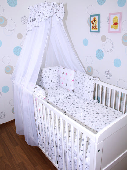 Baby Bettset mit Kissen Nestchen -Star Hell + Star Rosa - 5-8 teilig mit Chiffon Himmel