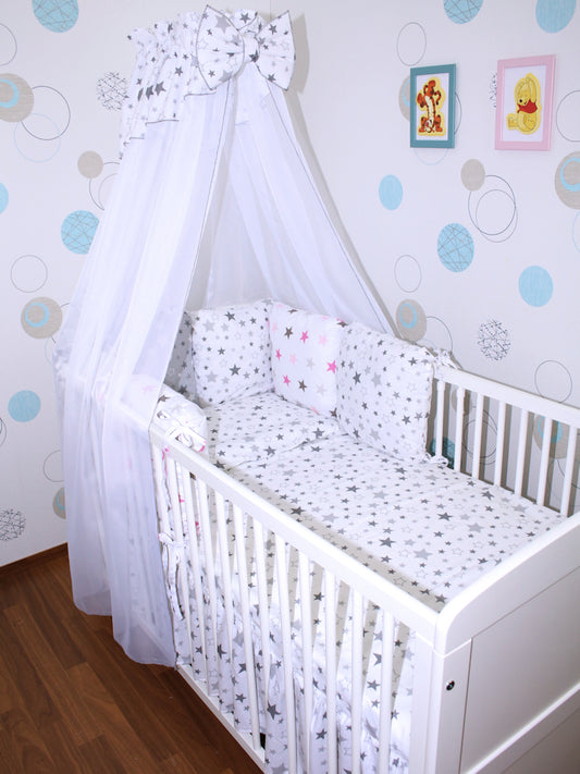 Baby Bettset mit Kissen Nestchen -Star Hell + Star Rosa - 5-8 teilig mit Chiffon Himmel