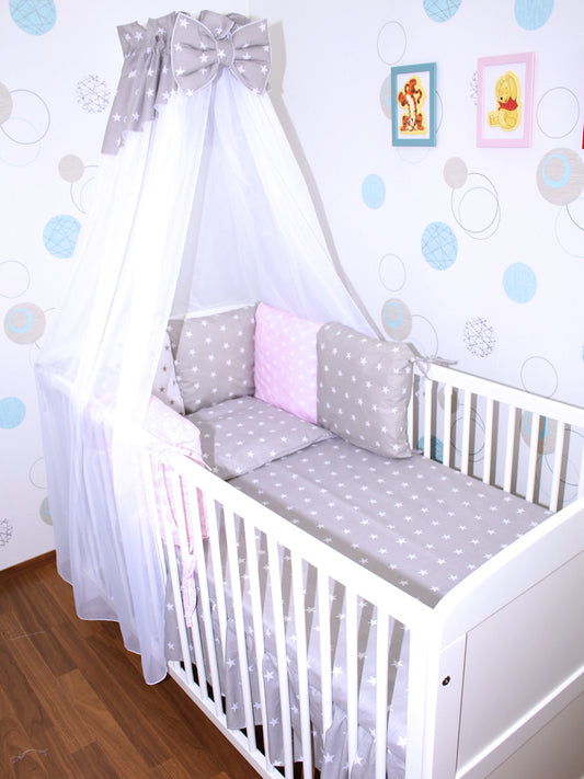 Baby Bettset mit Kissen Nestchen -Sternchen auf Grau + Sternchen auf Rosa - 5-8 teilig mit Chiffon Himmel