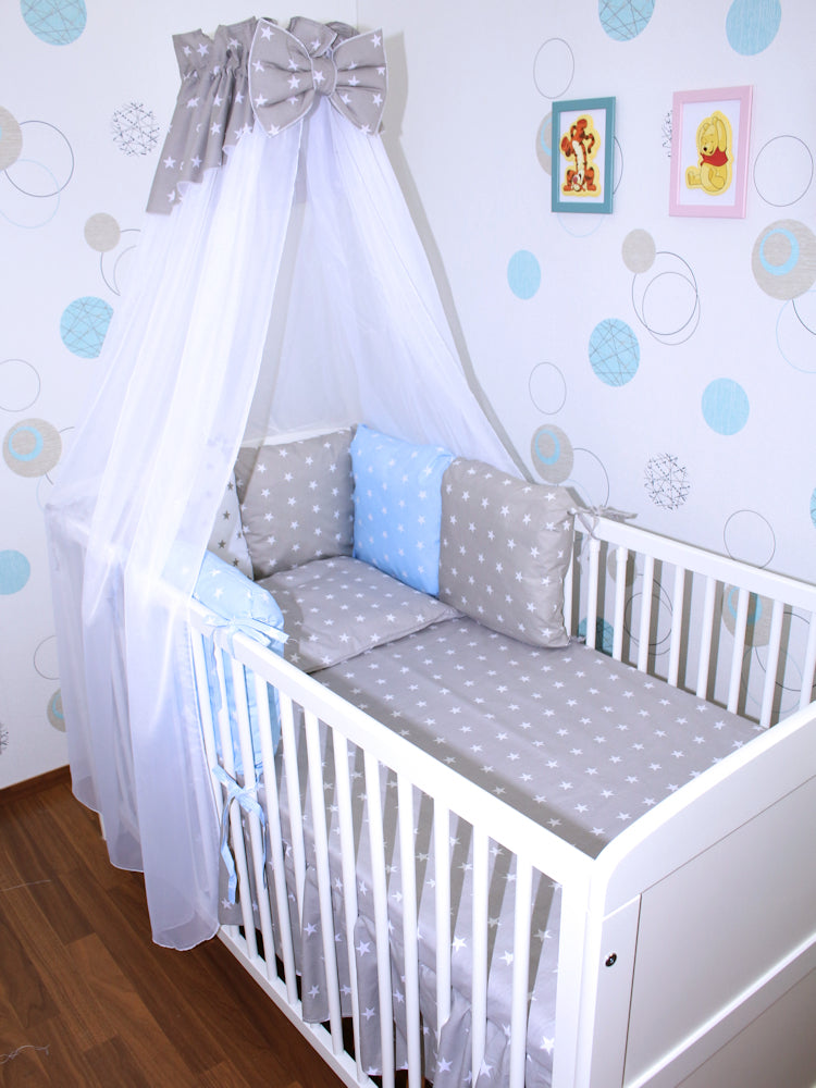Bettset mit Kissen Nestchen -Sternchen auf Grau + Sternchen auf Blau - 5-8 teilig mit Chiffon Himmel
