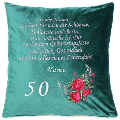 Personalisierbares Kissen für Mama / Oma - Rosen 1 - Bestickt Samtkissen