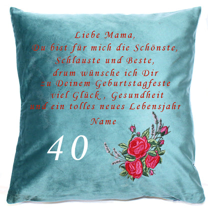 Personalisierbares Kissen für Mama / Oma - Rosen 1 - Bestickt Samtkissen