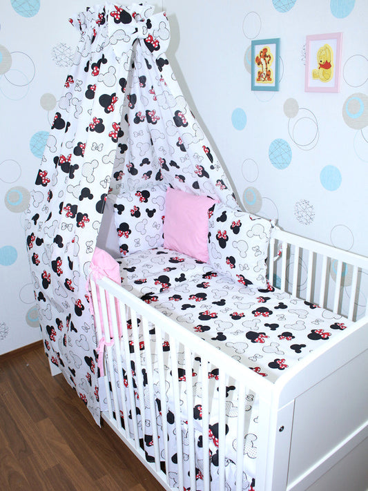 Baby Bettset mit Kissen Nestchen -Minnie - 5-8 teilig mit Vollstoff Himmel