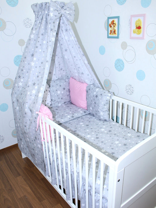 Baby Bettset mit Kissen Nestchen -Star Dunkel mit ROSA - 5-8 teilig mit Vollstoff Himmel