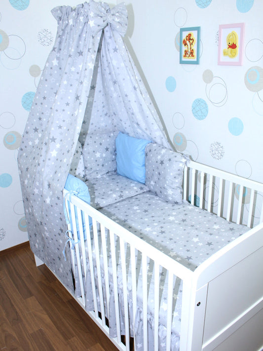 Baby Bettset mit Kissen Nestchen -Star Dunkel + Blau - 5-8 teilig mit Vollstoff Himmel