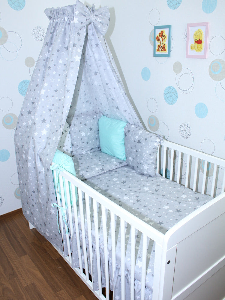 Baby Bettset mit Kissen Nestchen -Star Dunkel + Minze - 5-8 teilig mit Vollstoff Himmel