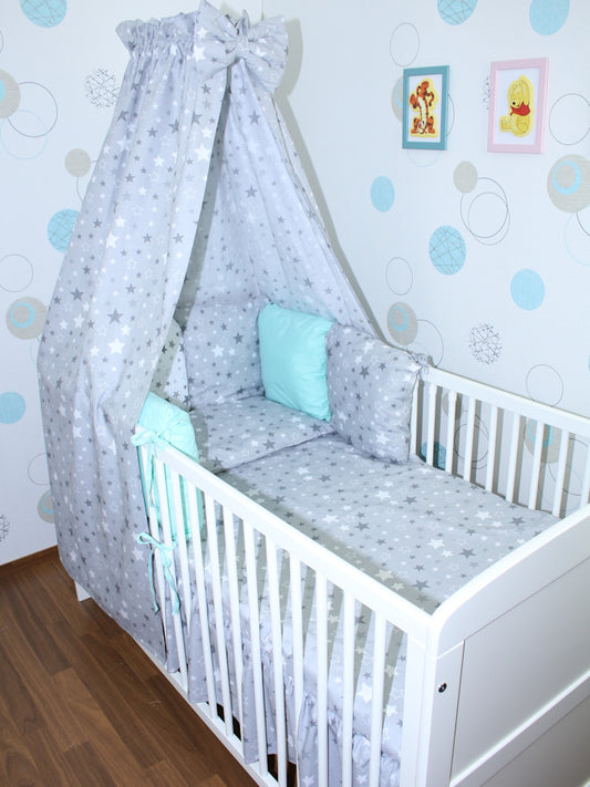 Baby Bettset mit Kissen Nestchen -Star Dunkel + Minze - 5-8 teilig mit Vollstoff Himmel