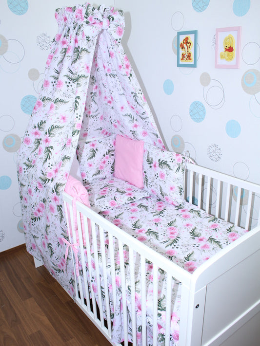 Baby Bettset mit Kissen Nestchen -Flowers - 5-8 teilig mit Vollstoff Himmel