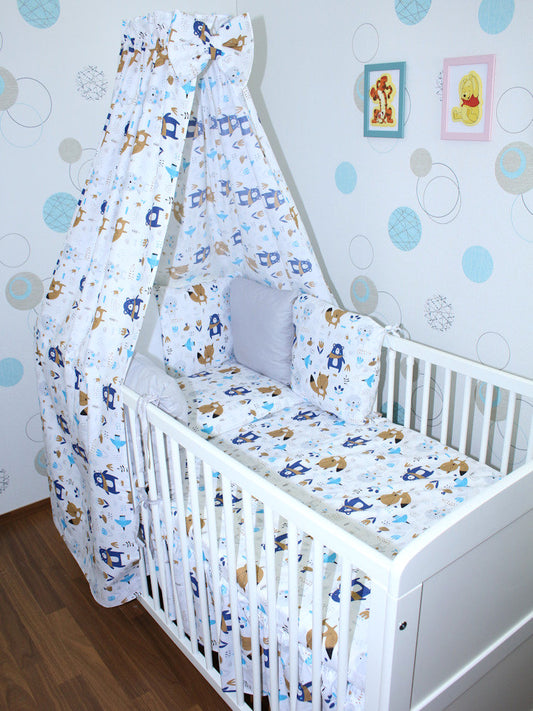 Baby Bettset mit Kissen Nestchen -Waldtiere - 5-8 teilig mit Vollstoff Himmel