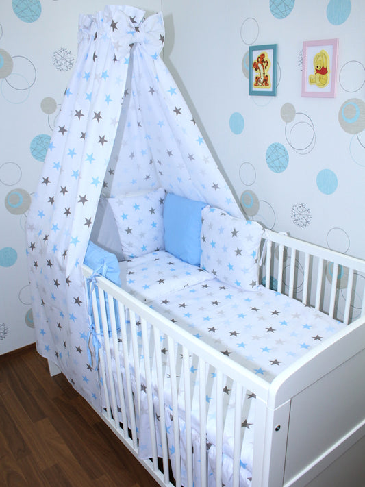 Baby Bettset mit Kissen Nestchen -Star in Blau - 5-8 teilig mit Vollstoff Himmel